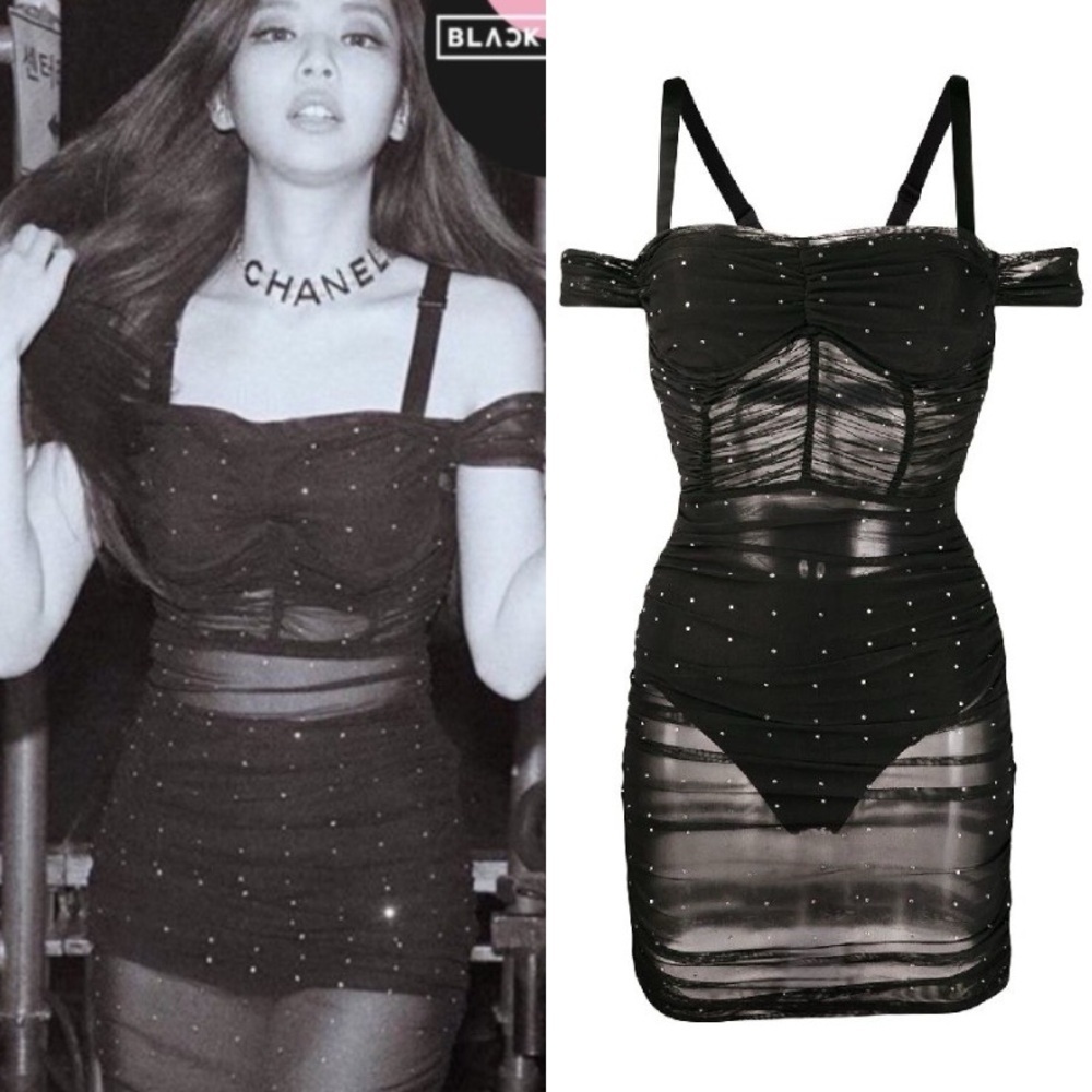 DANIELLE GUIZIO Lynx Rhinestone Crystal Mesh Ruched Mini Dress